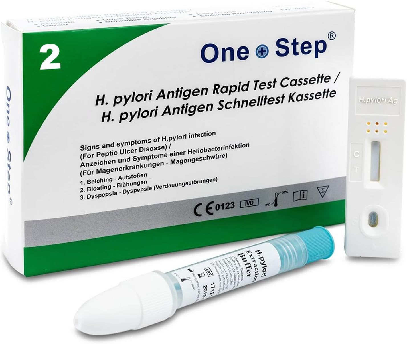 Verpakking en testcassette. Opschrift: One Step, H. pylori antigeen sneltest. Met CE-markering. Bevat een bufferoplossing.