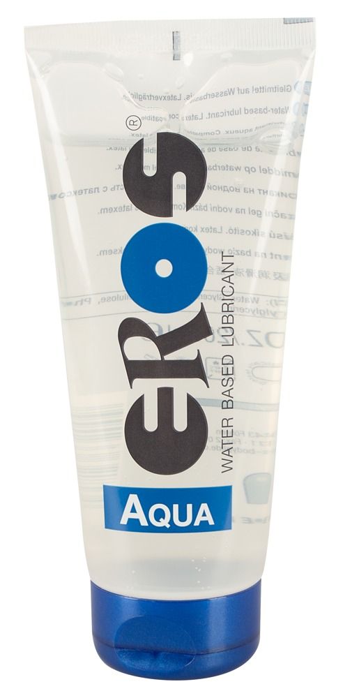 Transparante tube met blauwe dop. Opschrift: EROS Aqua, glijmiddel op waterbasis.