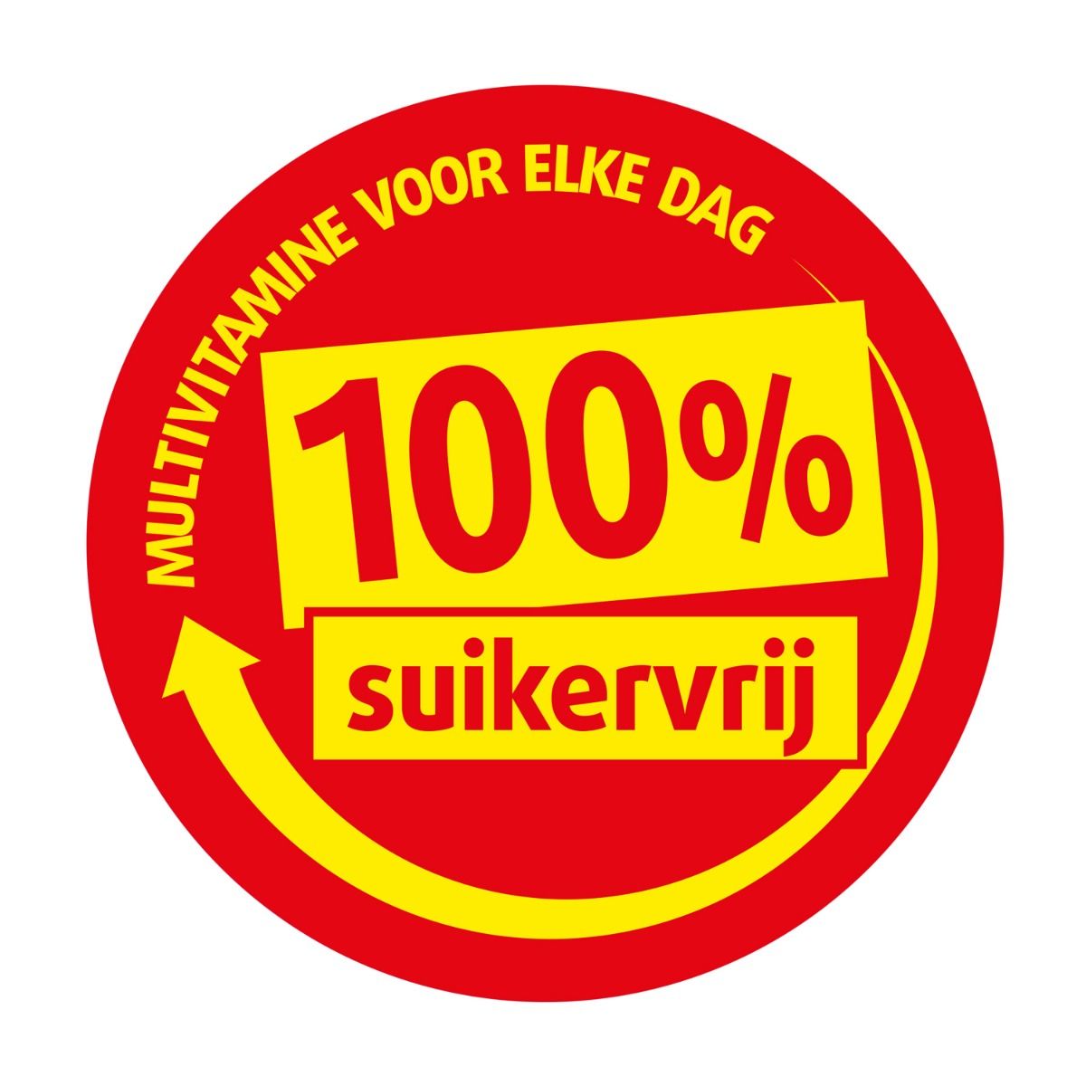 Ronde sticker, rood met gele pijl en tekst: 100% suikervrij (suikervrij). Tekst: Multivitamine voor elke dag (Multivitamine voor elke dag).
