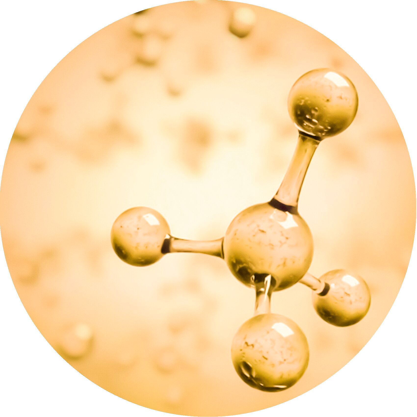 Molecuulmodel, gelige bollen verbonden. Gele achtergrond. In een cirkel.