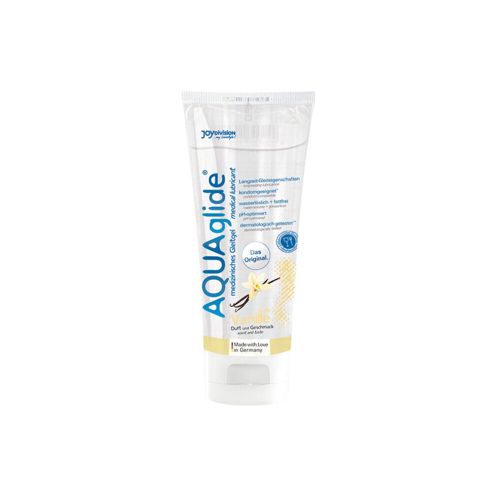 AQUAglide Vanille glijmiddel in tube. Tekst: langdurige glijeigenschappen, condoomvriendelijk, wateroplosbaar, pH-geoptimaliseerd. Made in Germany.