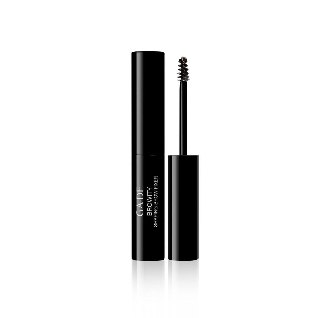 Tube noire avec texte GA-DE BROWITY SHAPING BROW FIXER. Brosse avec poils en spirale.