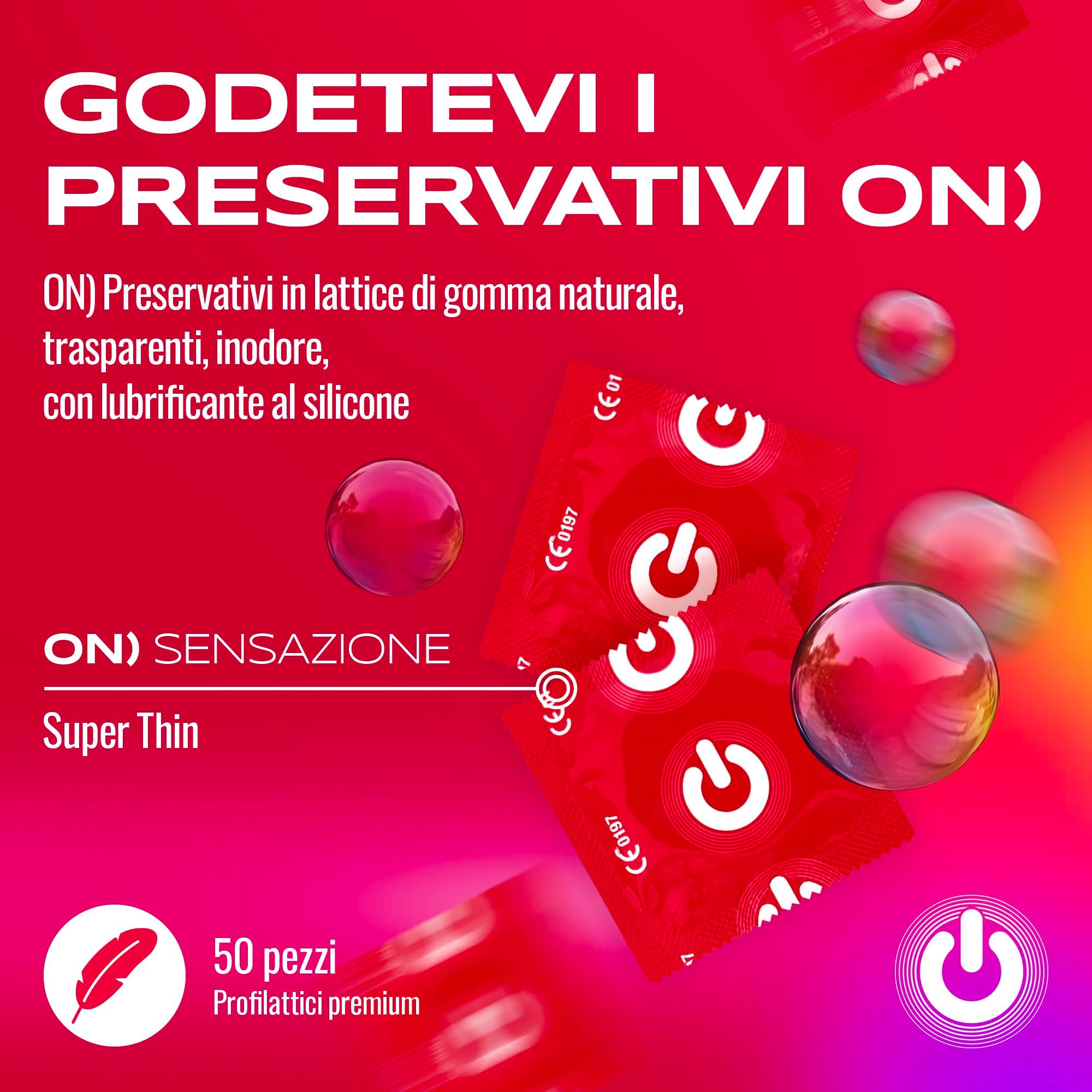 Préservatifs ON) Super Thin, boîte de 50, en latex naturel, transparents, inodores, avec lubrifiant silicone.