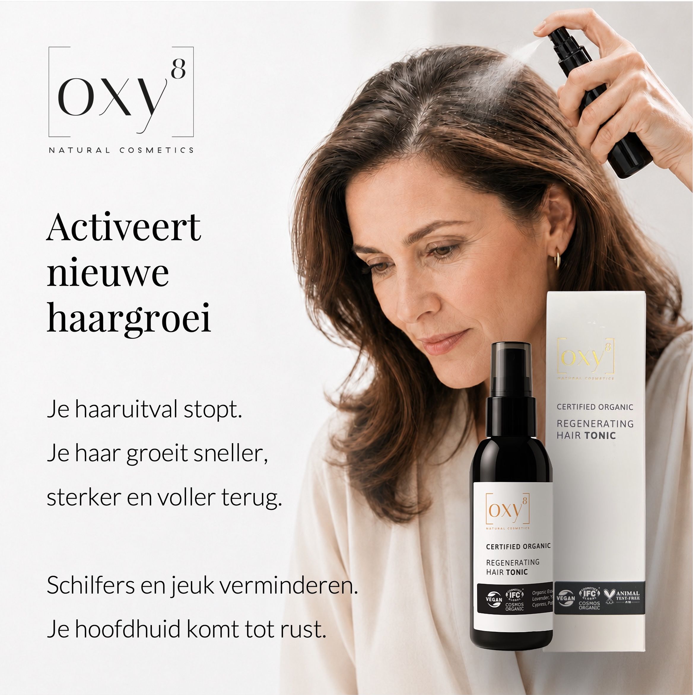 Vrouw spuit haartonicum. Product en verpakking zichtbaar. Tekst: Activeert nieuwe haargroei.