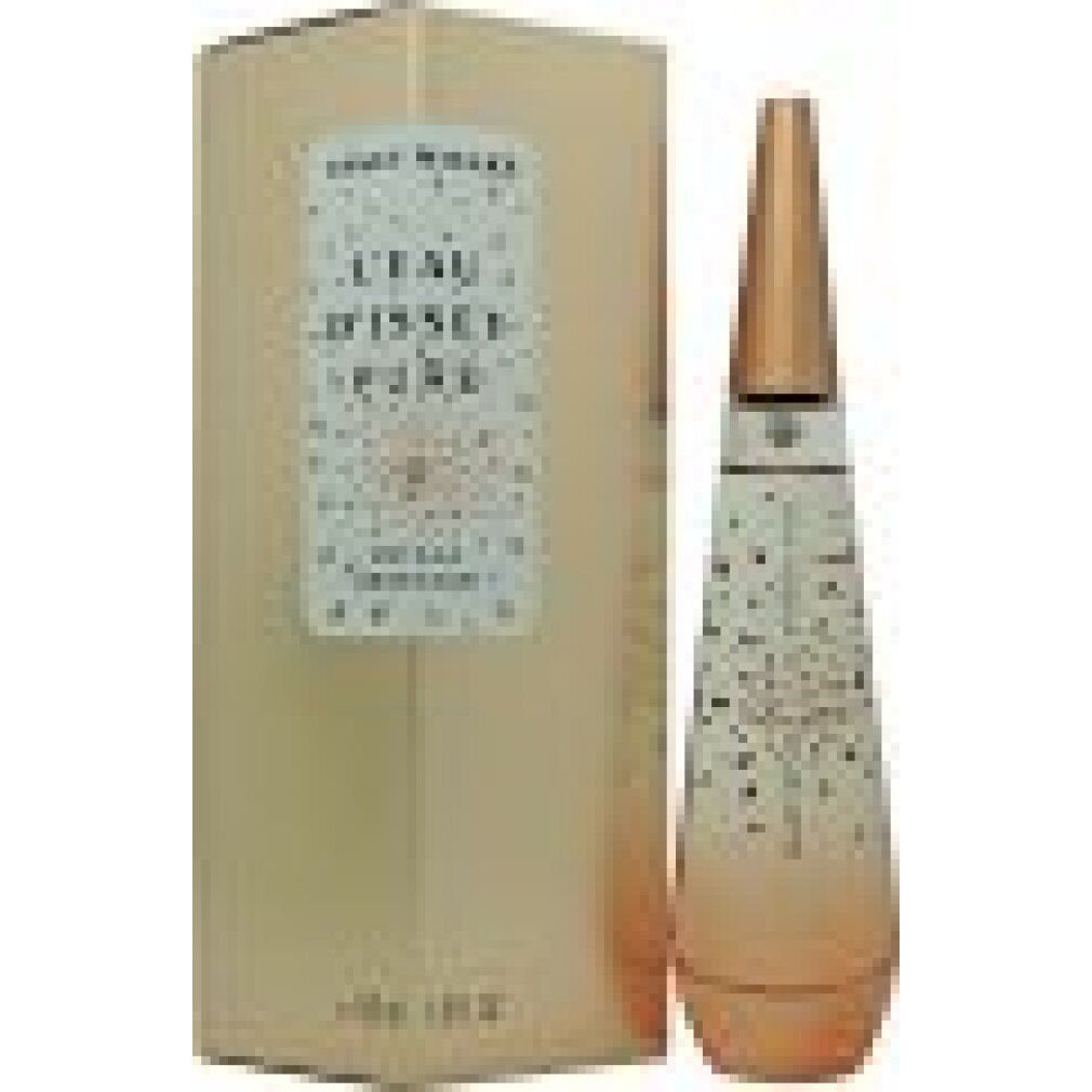 Flacon de parfum et emballage. Flacon dégradé, bouchon cuivré. Emballage rose avec inscription : Issey Miyake.