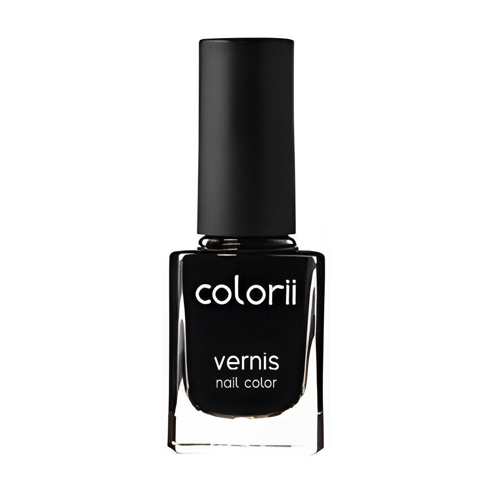 Flacon de vernis à ongles noir avec bouchon noir. Inscription "colorii", en dessous "vernis nail color".