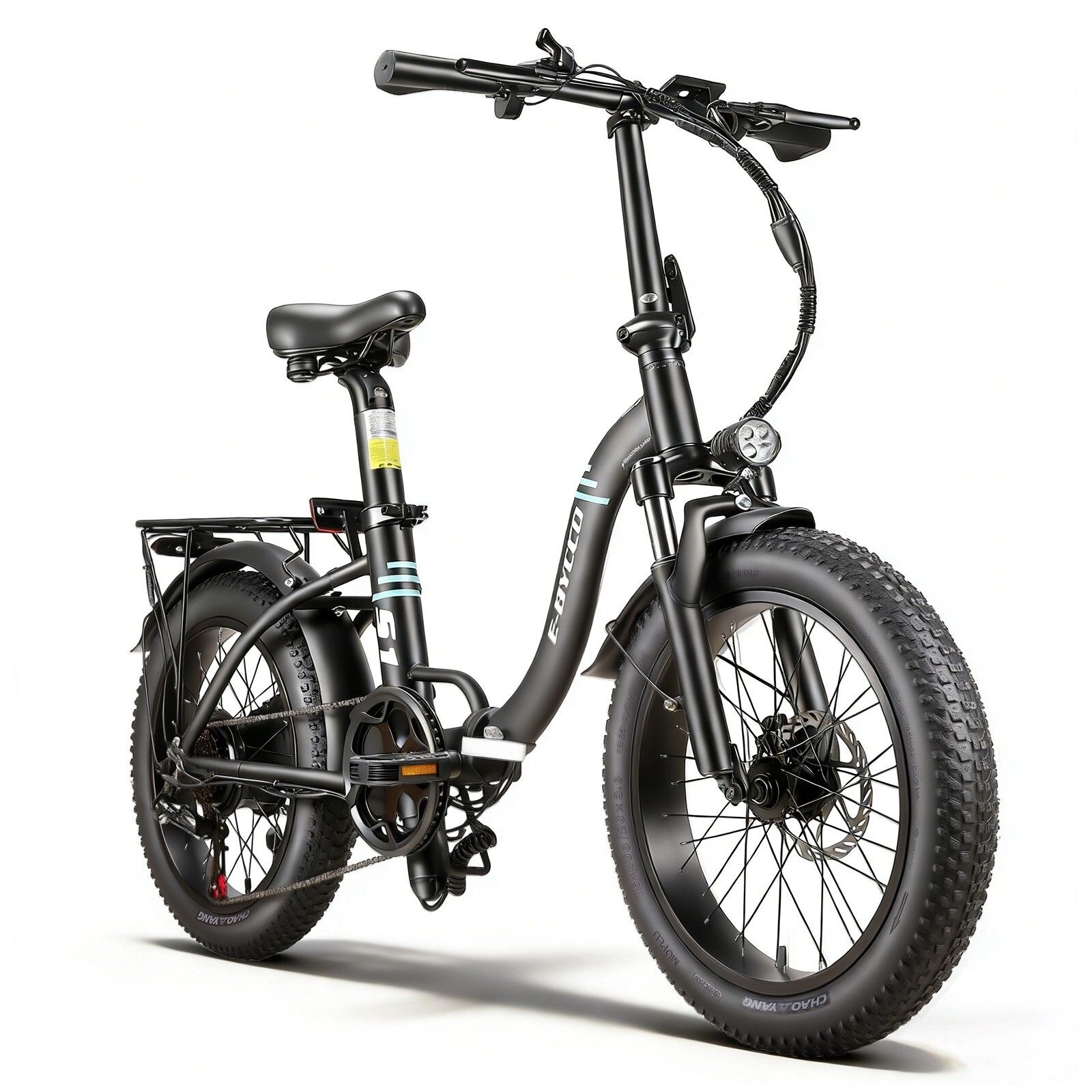 Vélo électrique pliable, noir. Caractéristiques visibles : selle, guidon, porte-bagages, phare, pneus.