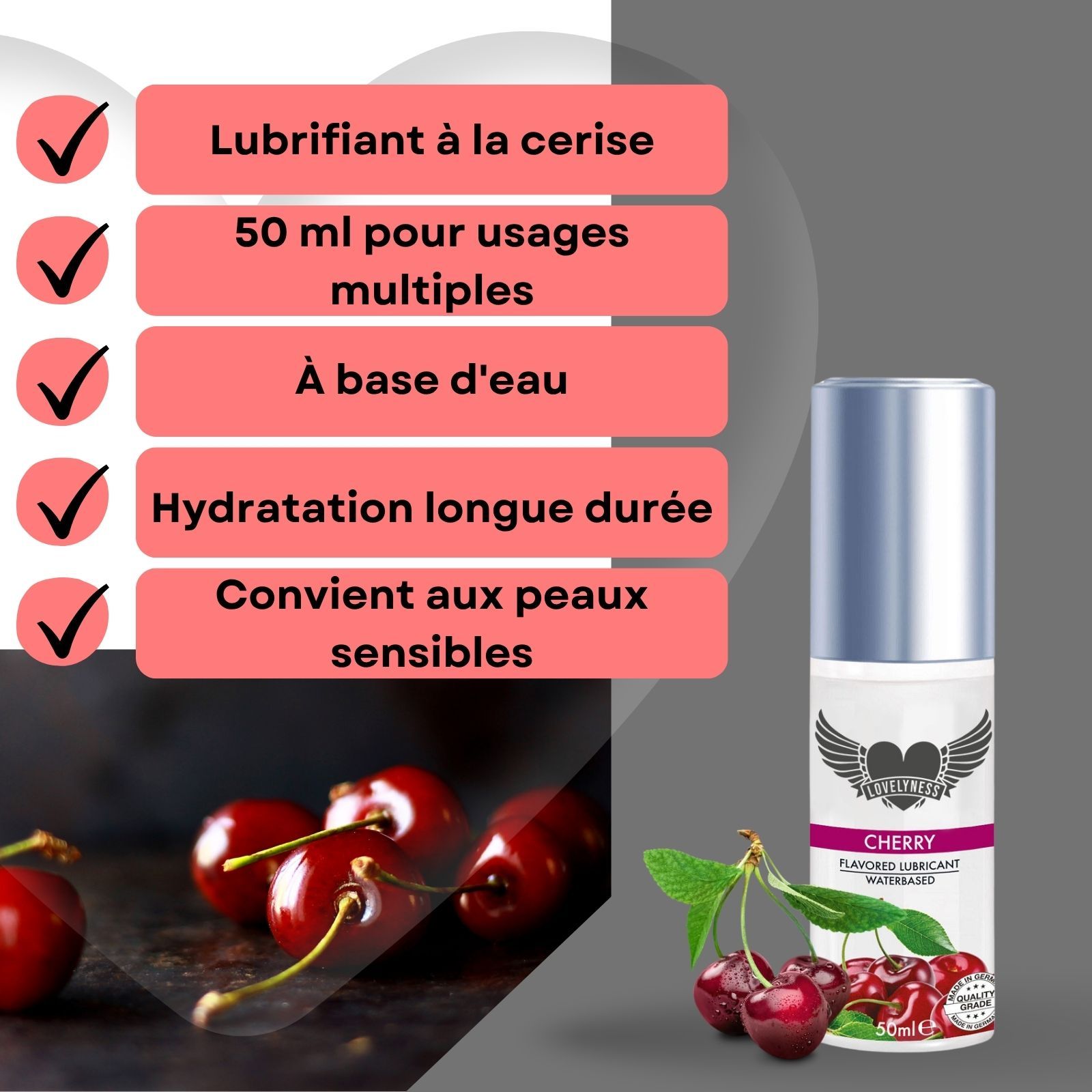 Flacon de lubrifiant aromatisé cerise. Cerises représentées. Texte : Lubrifiant à la cerise, 50 ml, à base d'eau, hydratation longue durée.