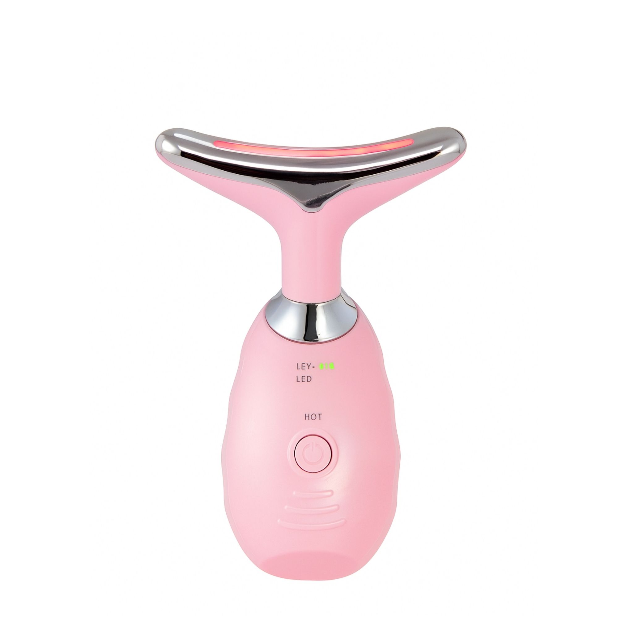 Masseur rose pour visage et cou. Tête métallique, lumières LED. Bouton marche/arrêt. Design ergonomique.