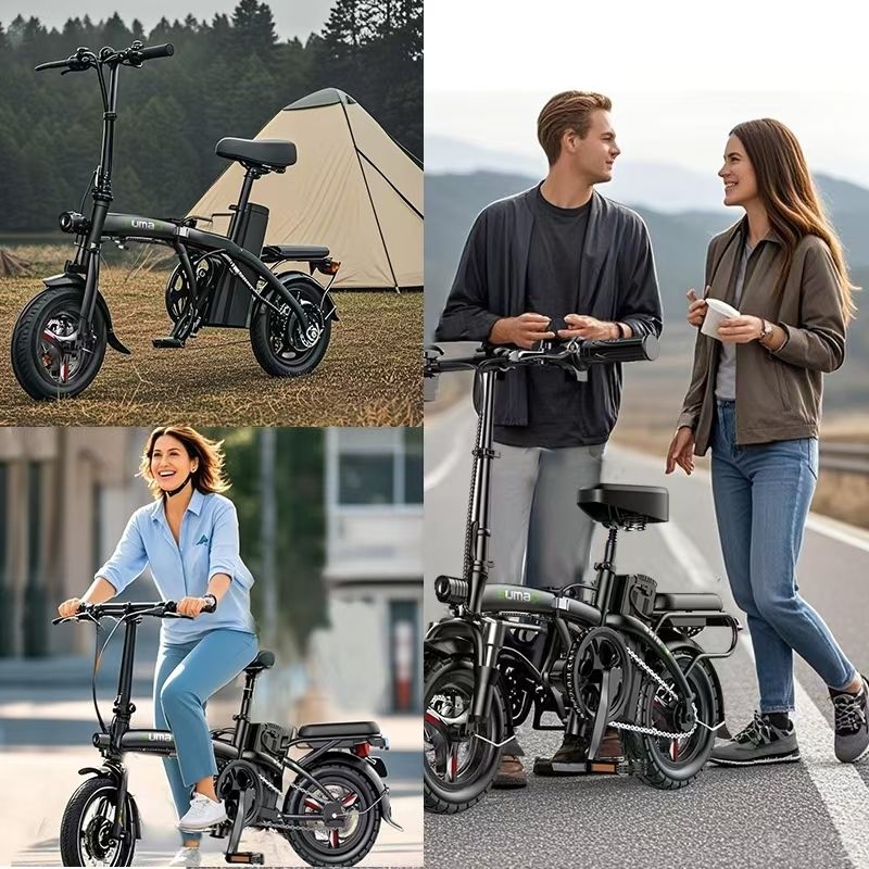 Plusieurs scènes avec le vélo électrique. Personnes utilisant et tenant le vélo. Arrière-plan : nature et ville.