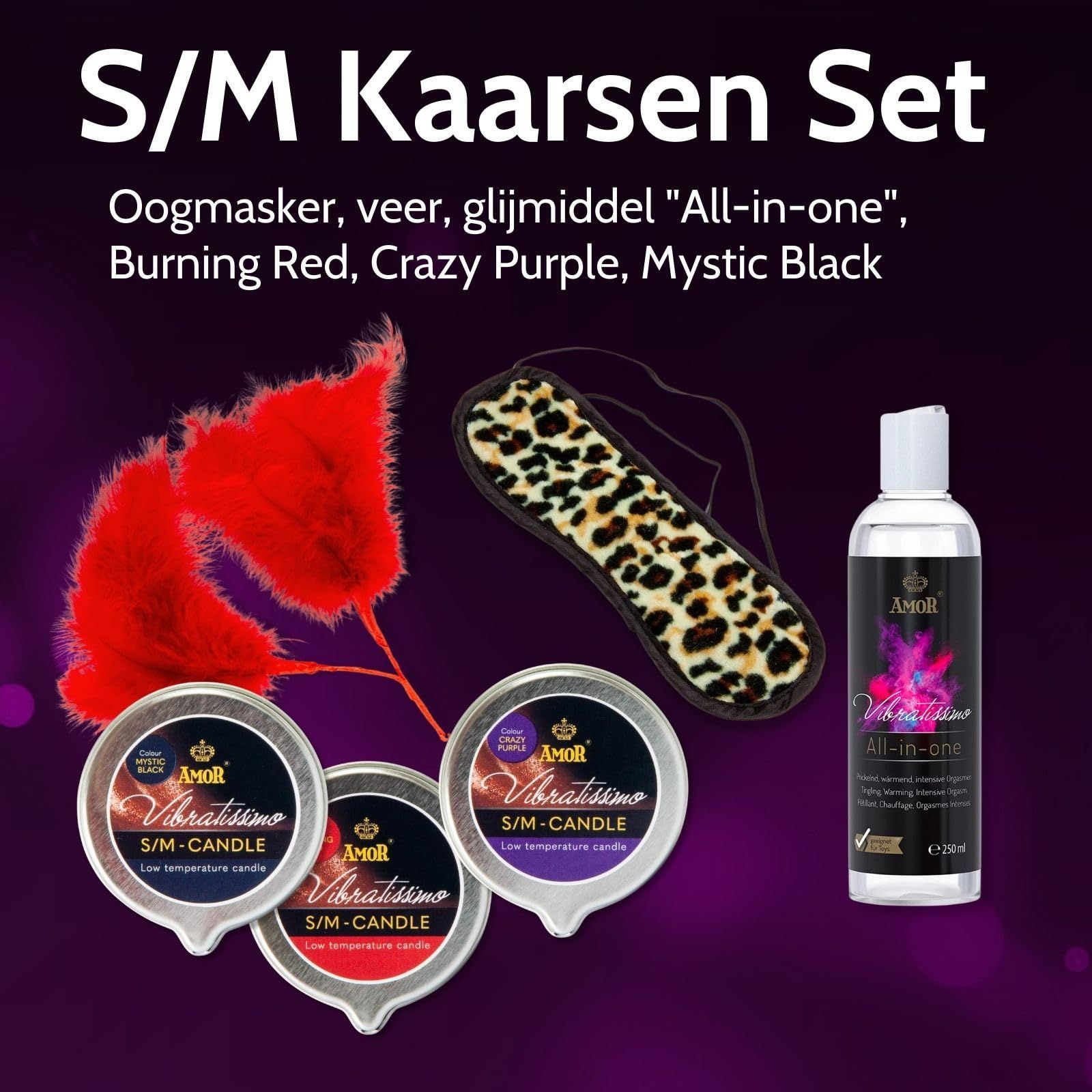 Vibratissimo S/M kaarsenset met glijmiddel, oogmasker en veren.