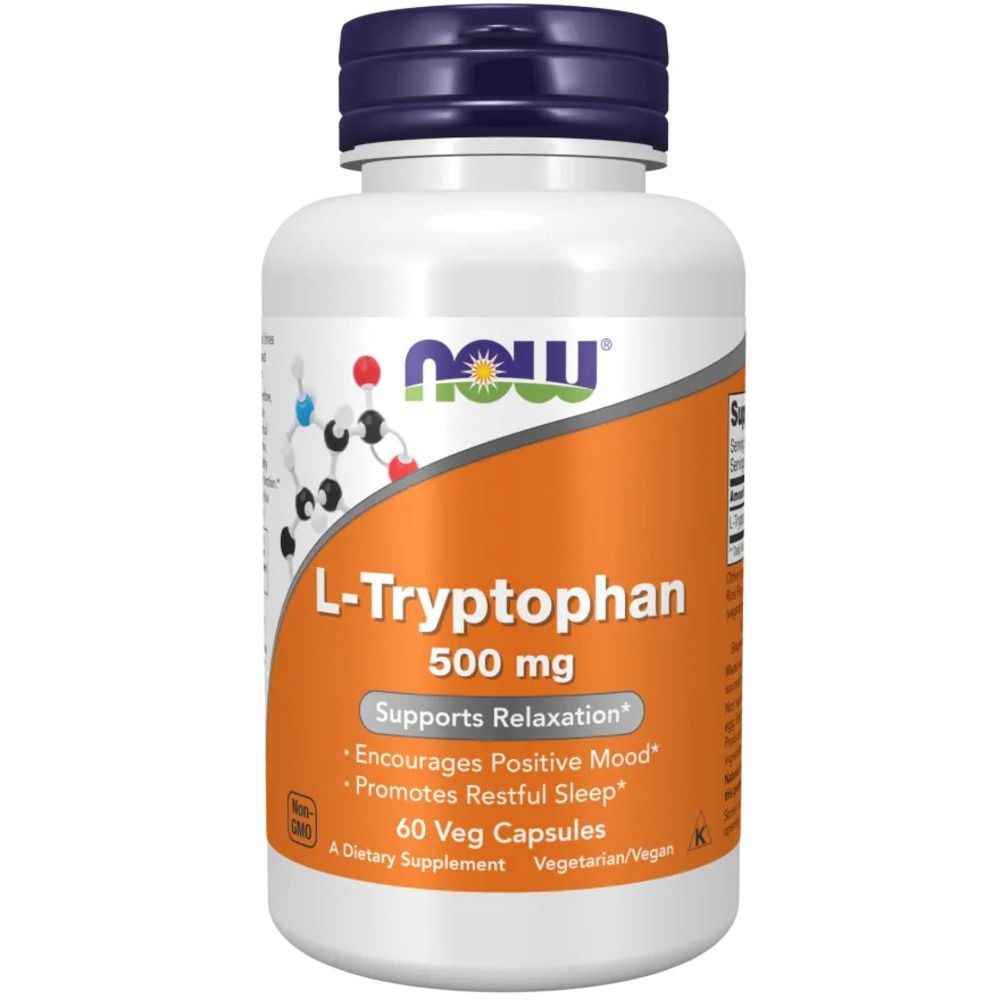 Witte fles met blauwe dop. Opschrift: L-Tryptofaan 500 mg, 60 Veg Capsules. Merk: NOW. Ondersteunt ontspanning, bevordert positieve stemming en slaap.