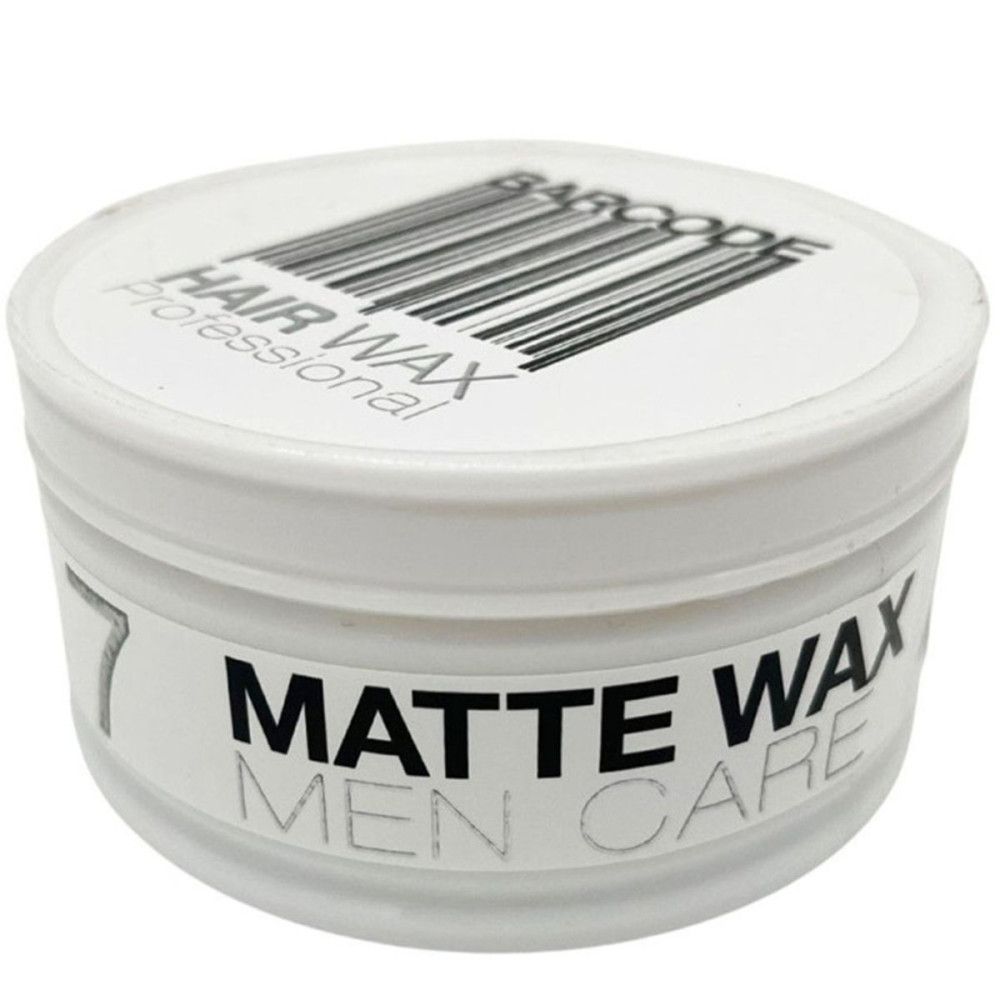 Witte pot met deksel. Opschrift: Barcode, Hair Wax Professional, 7, Matte Wax, Men Care.