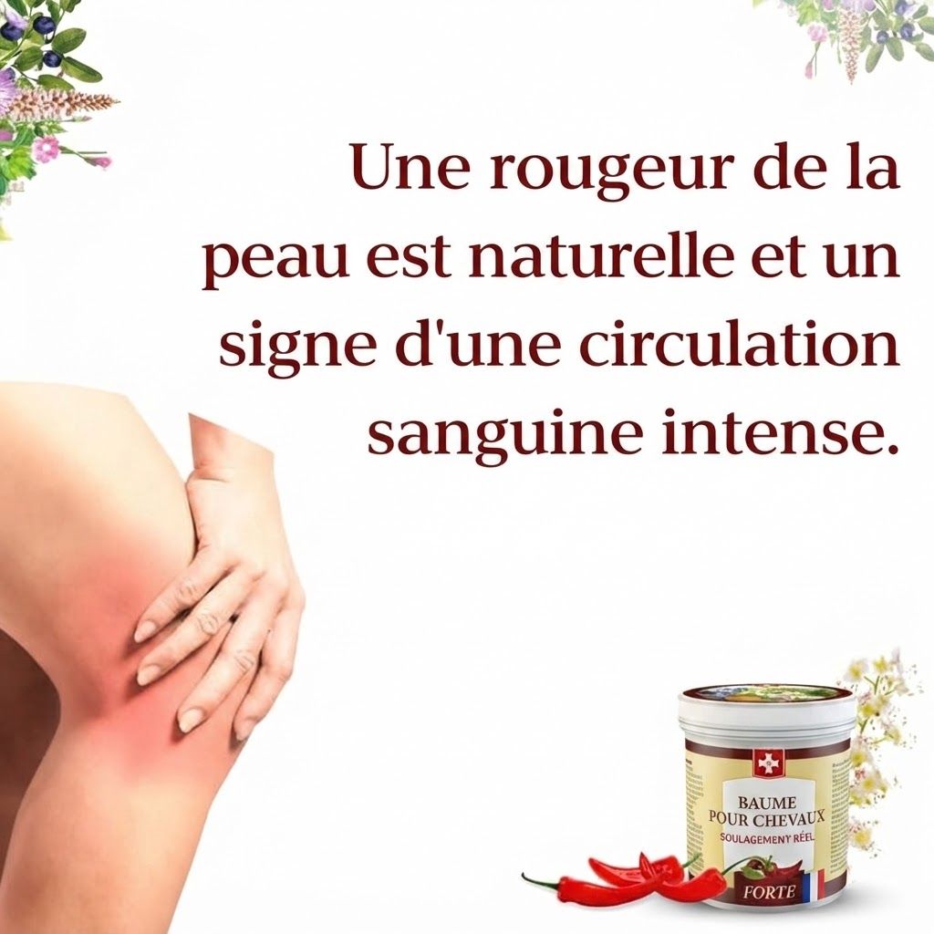 Graphique avec texte 'Ingrédients naturels', image produit et images d'arnica, consoude, chanvre, piment, marron d'Inde.