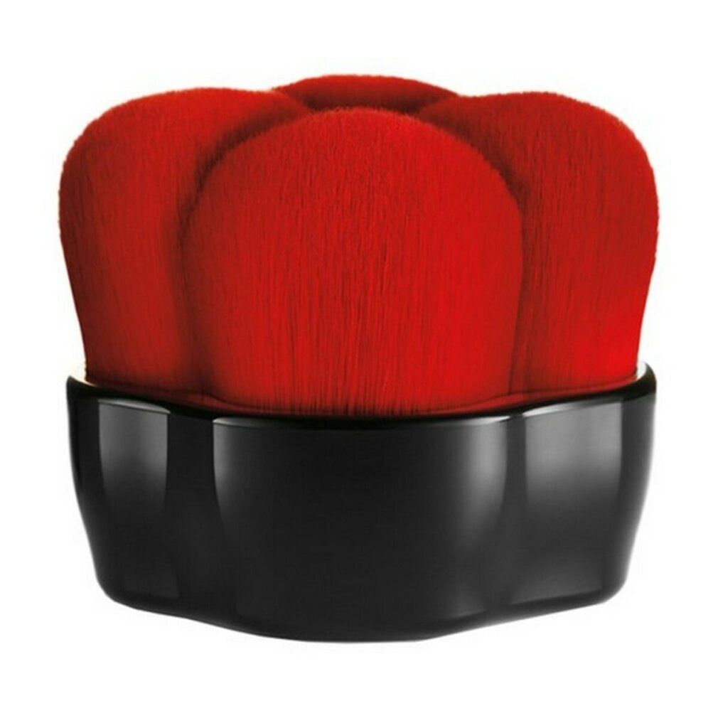 Pinceau de maquillage noir avec tête rouge en forme de fleur. Le manche est brillant.