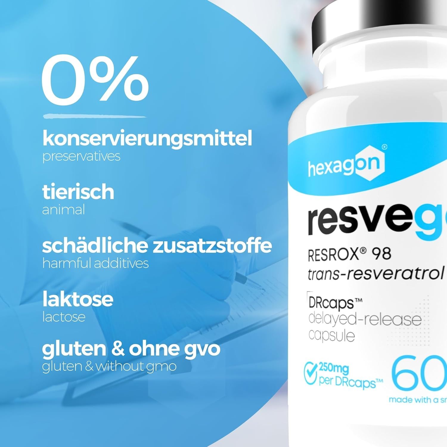 Capsule Hexagon Resveratrol : 60 capsules, 250 mg par DRcaps, libération prolongée. 0% conservateurs, animal, sans lactose.