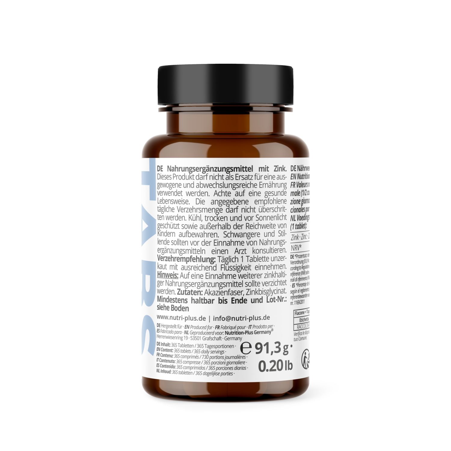 Dos d'un flacon de comprimés "ZINK". Texte : informations nutritionnelles, ingrédients, informations du fabricant. Sceau végétalien.