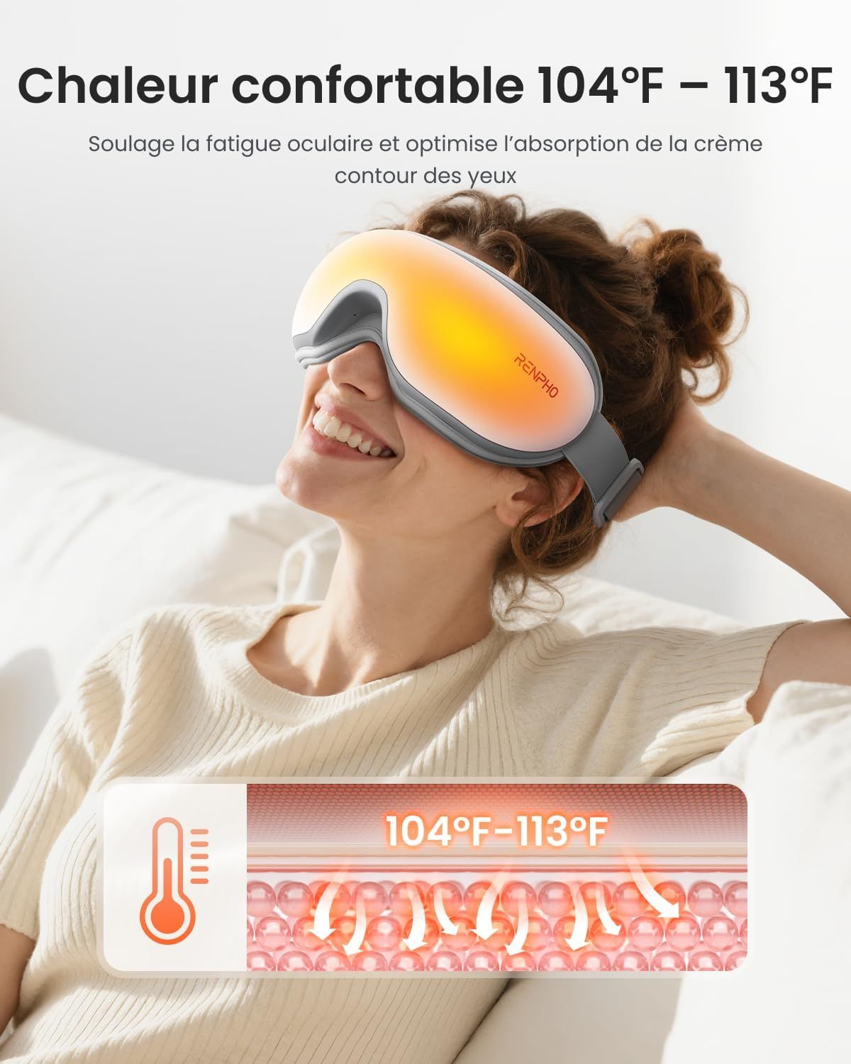 Masque oculaire gris avec fonction chauffante, marque RENPHO, pour une chaleur confortable.