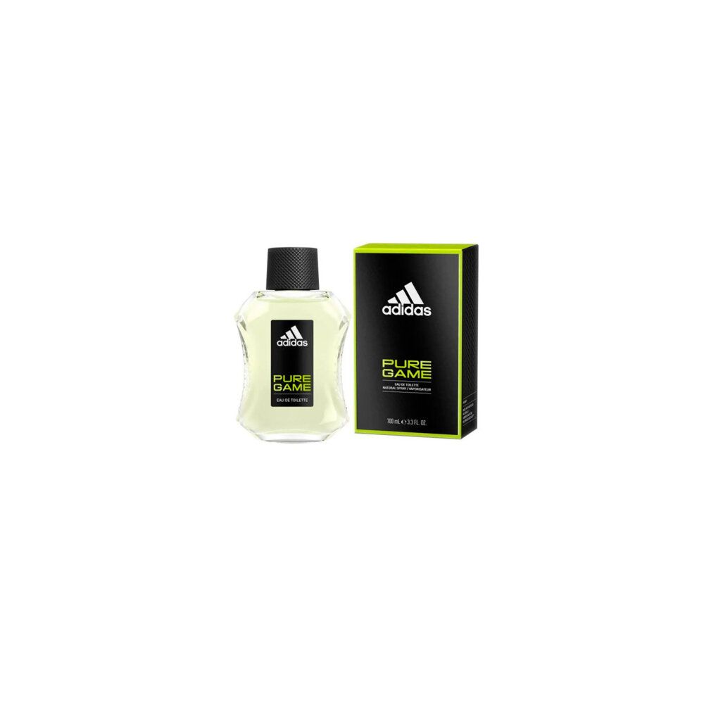 Flacon et emballage. Adidas Pure Game Eau de Toilette. Bouchon noir, flacon transparent, emballage vert et noir.