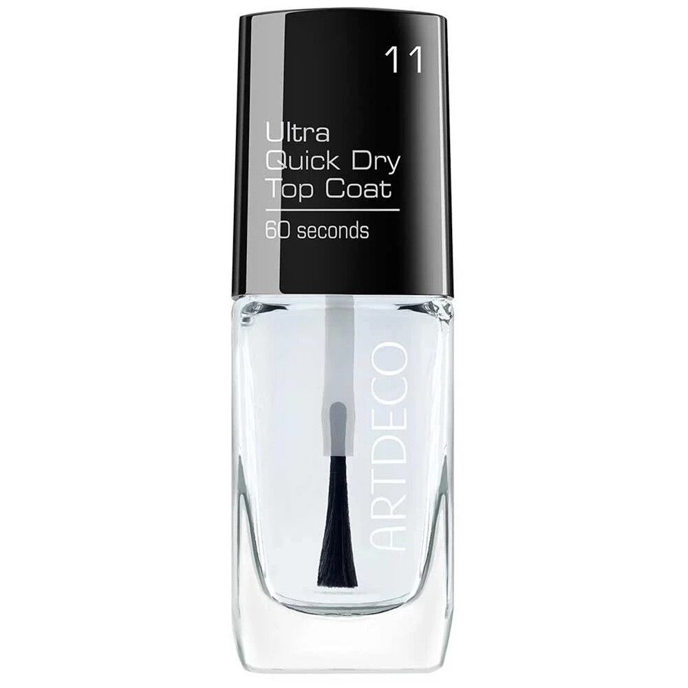 Transparante nagellakfles met zwarte dop. Opschrift: Ultra Quick Dry Top Coat, 60 seconds. Merk: ARTDECO.