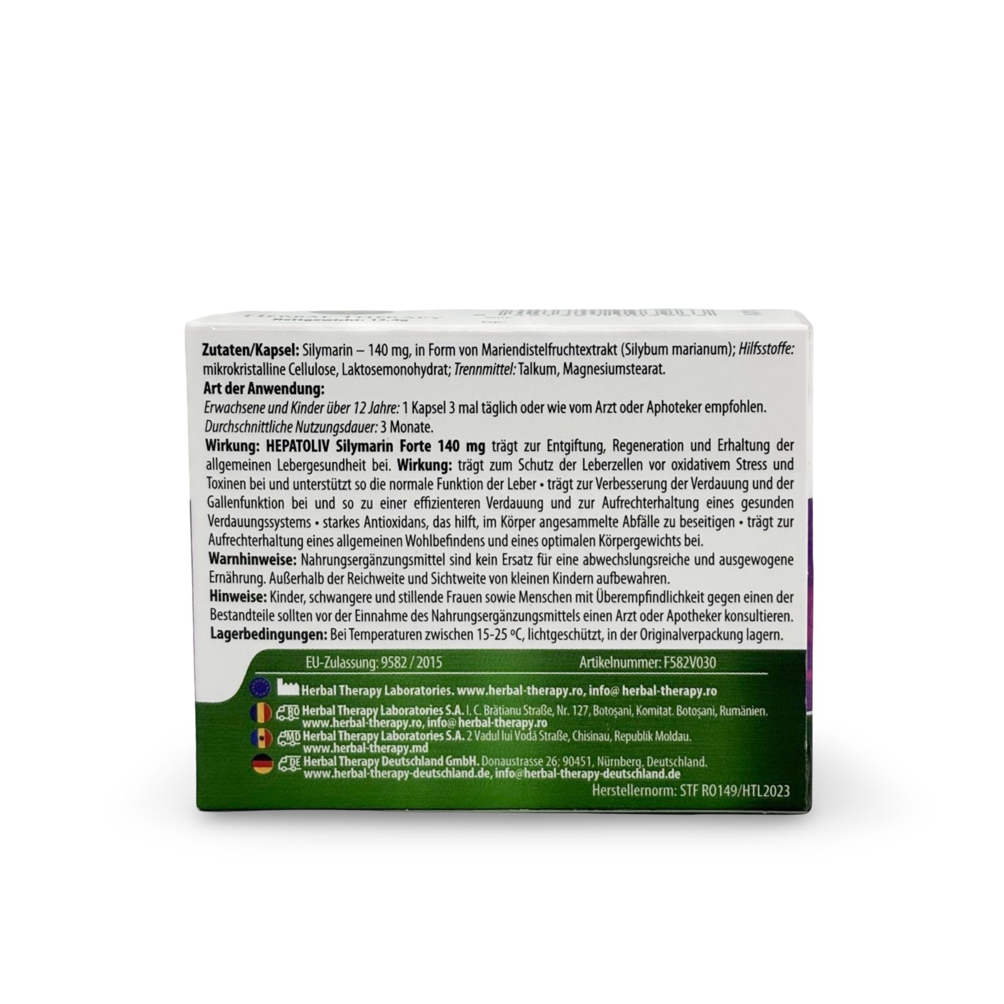 Achterkant doosje HEPATOLIV Silymarin forte 140 mg. Tekst over ingrediënten, gebruik, waarschuwingen en fabrikantinfo.