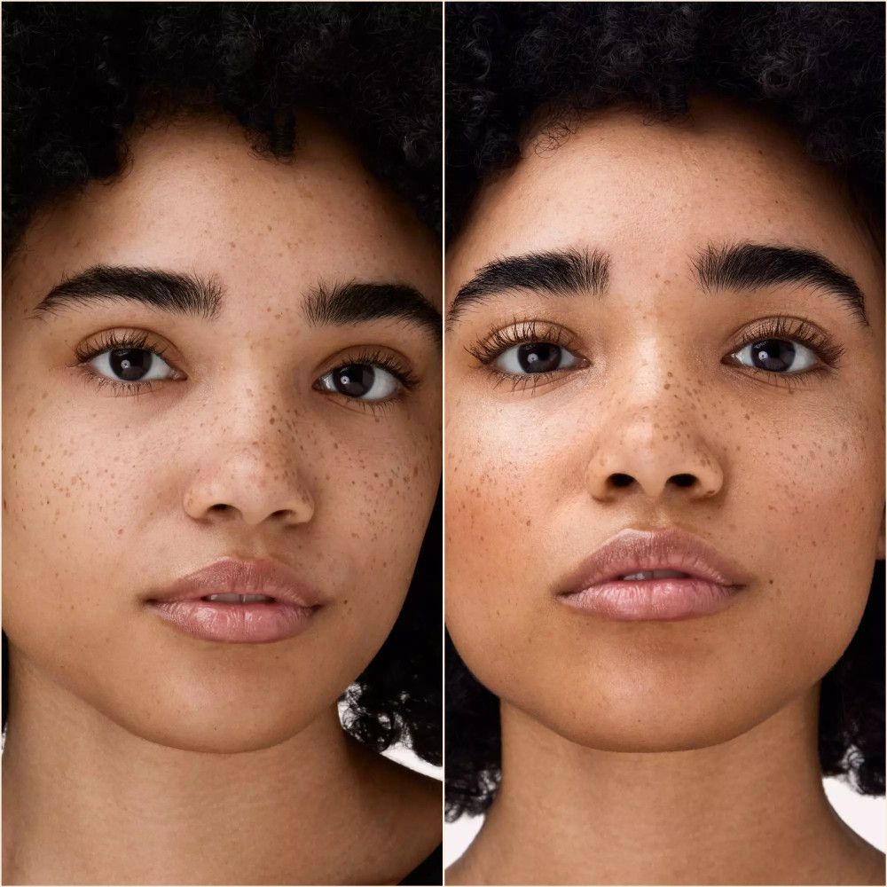 Voor-en-na vergelijking van twee gezichten. Links: ongeschminkt. Rechts: opgemaakt, met highlighter.