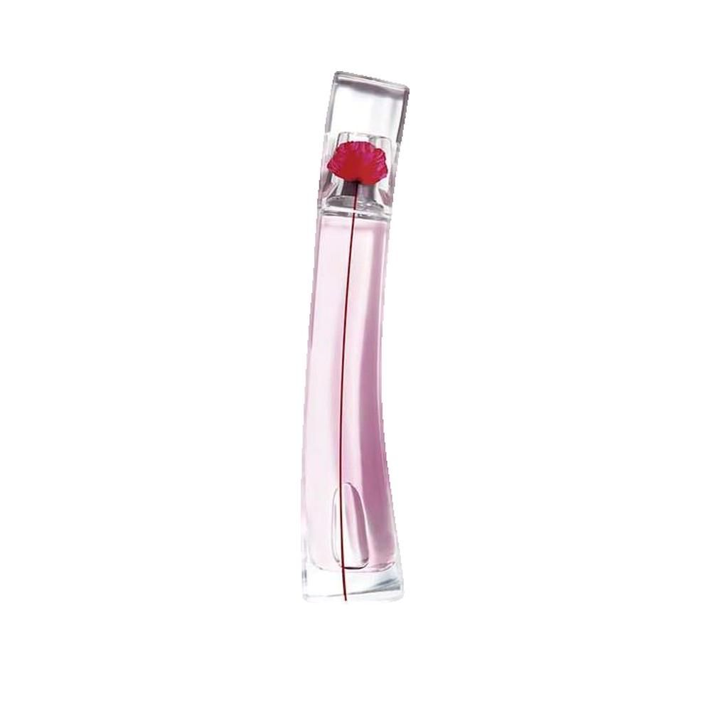Flacon de parfum avec fleur rouge et liquide rose. Le flacon est légèrement incurvé et possède un bouchon transparent.