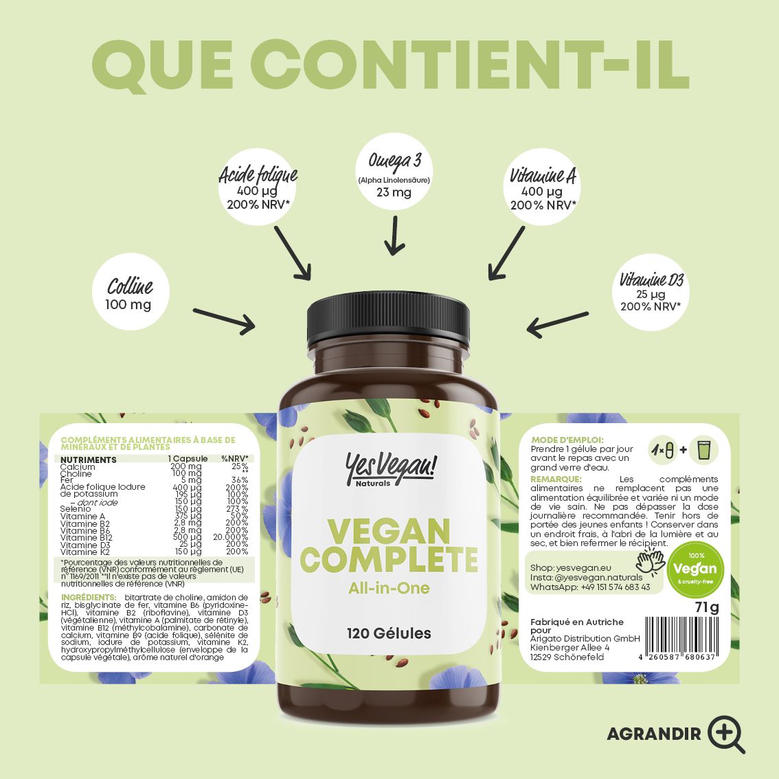 Bouteille de 120 gélules végétaliennes, Multivitamines tout-en-un, avec informations nutritionnelles.