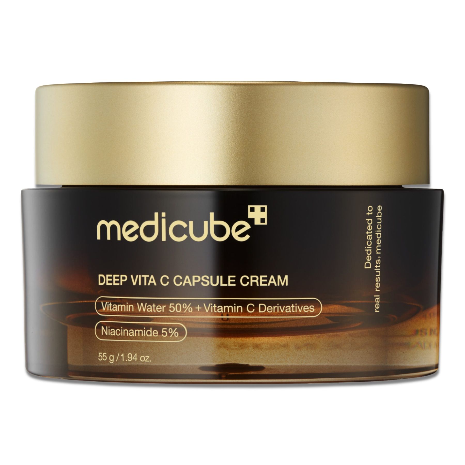 Pot brun avec couvercle doré. Inscription : medicube, DEEP VITA C CAPSULE CREAM. Contient Vitamin Water 50% + Vitamin C Derivatives.