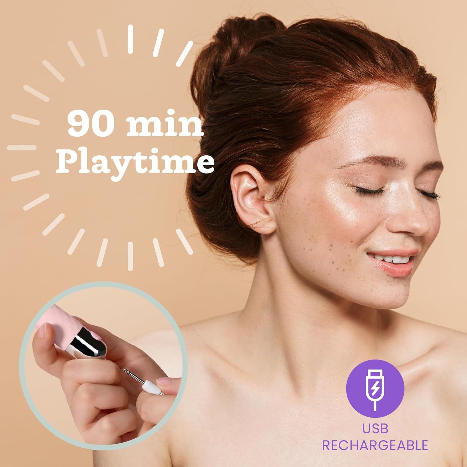 Vrouw met roze Bullet Vibrator, 90 minuten speeltijd, USB oplaadbaar.