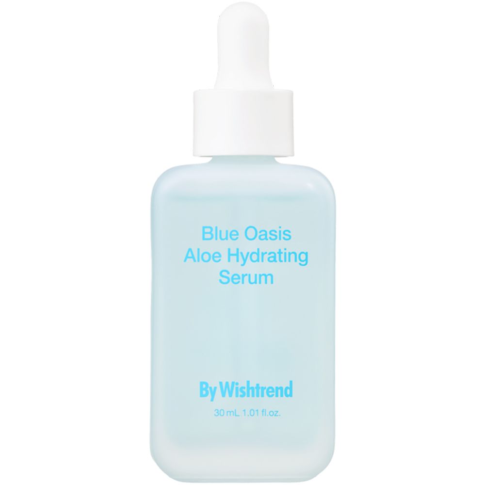 Blauw serumflesje met witte dop. Opschrift: Blue Oasis Aloe Hydrating Serum, By Wishtrend.