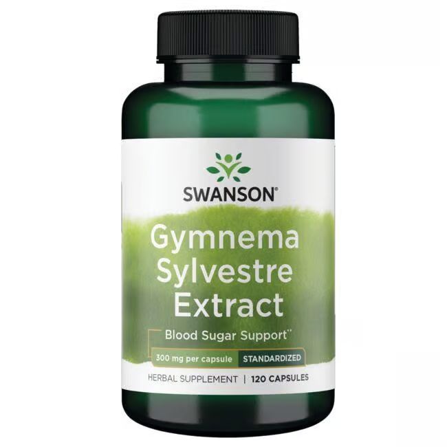 Groene fles met wit etiket. Opschrift: Swanson Gymnema Sylvestre Extract, 300 mg per capsule, 120 capsules.
