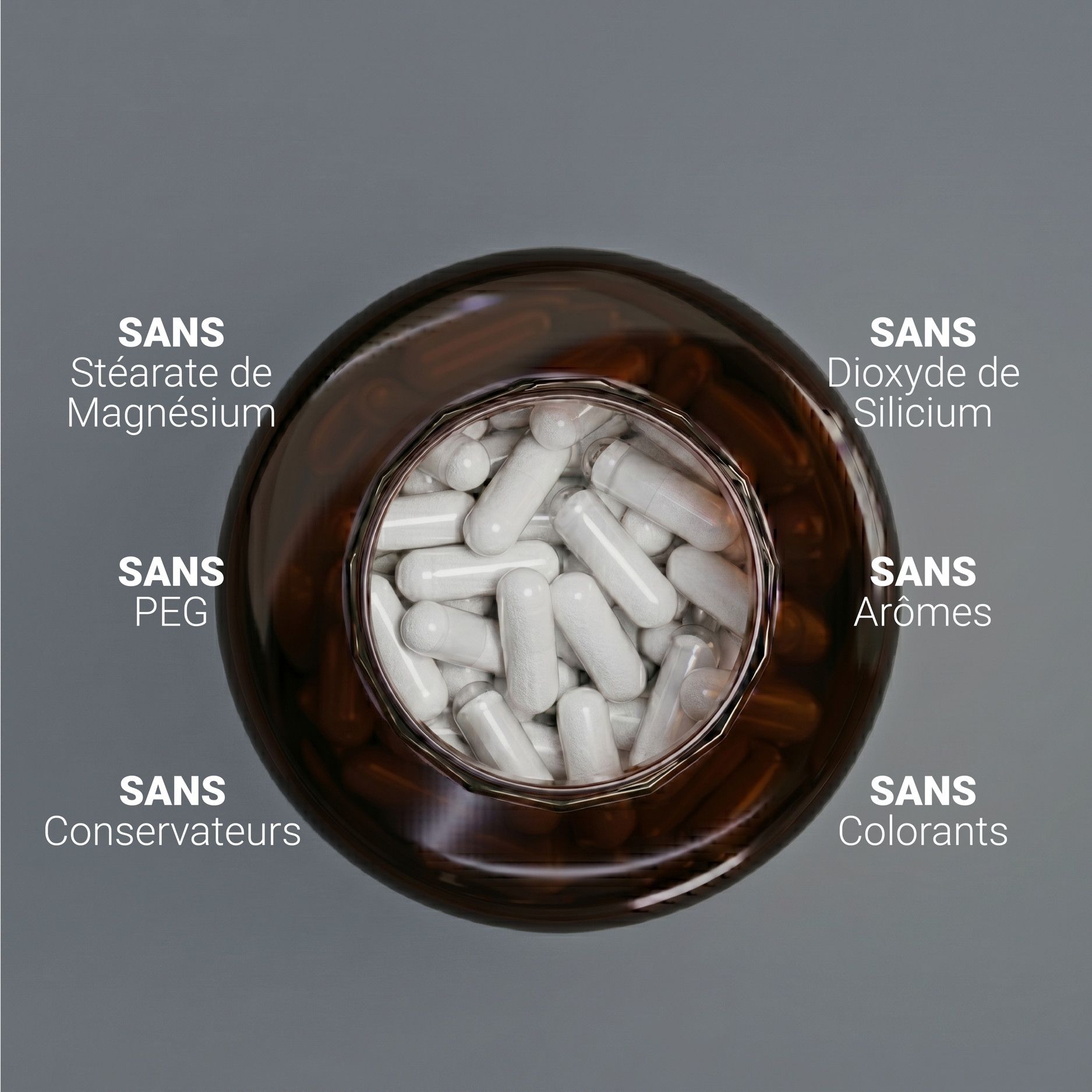 Fles met Nicotinamide Riboside capsules. Vrij van magnesiumstearaat, PEG, conserveermiddelen, siliciumdioxide, aroma's, kleurstoffen.