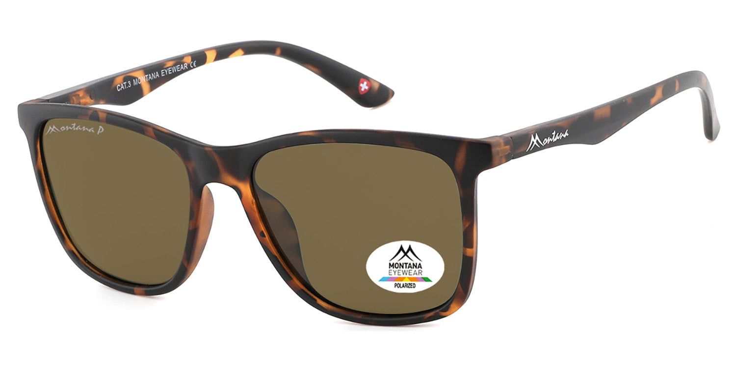 Lunettes de soleil marron avec monture à motif marron. Logo et nom de la marque visibles.