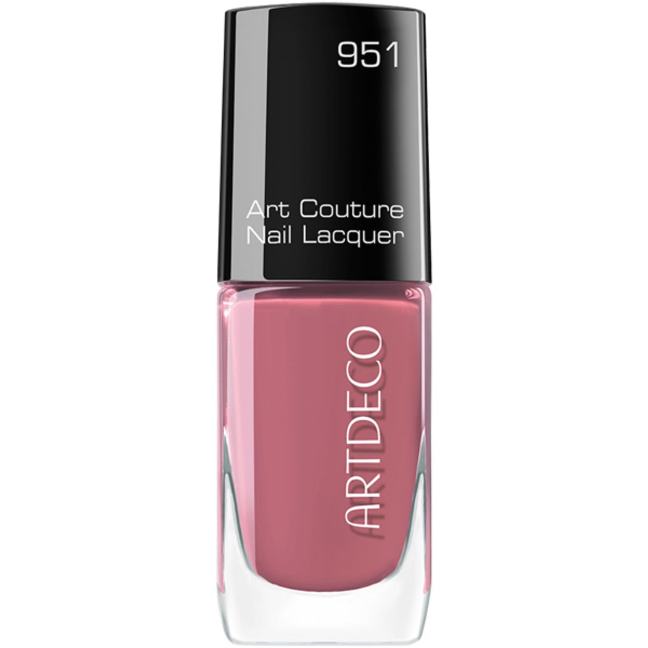 Roze nagellakfles, zwarte dop. Opschrift: Art Couture Nail Lacquer, Artdeco, 951.