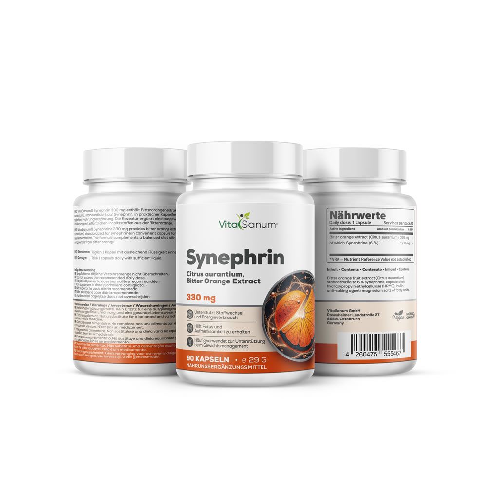 Trois flacons de gélules VitaSanum®-Synephrine. Flacons blancs avec bouchons blancs. Étiquettes avec informations et valeurs nutritionnelles.
