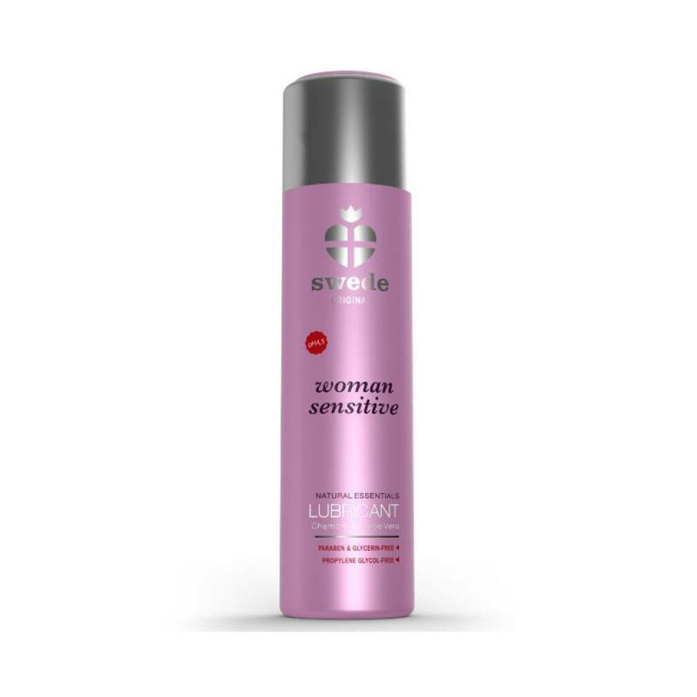 Flacon de lubrifiant Swede Woman Sensitive, rose avec bouchon argenté. pH 4.5.