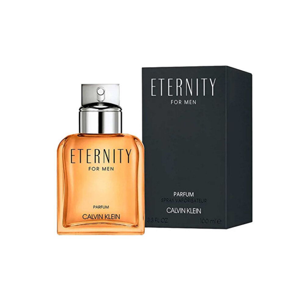 Parfumfles en verpakking. Fles met zilveren dop, tekst "ETERNITY FOR MEN" en "CALVIN KLEIN".