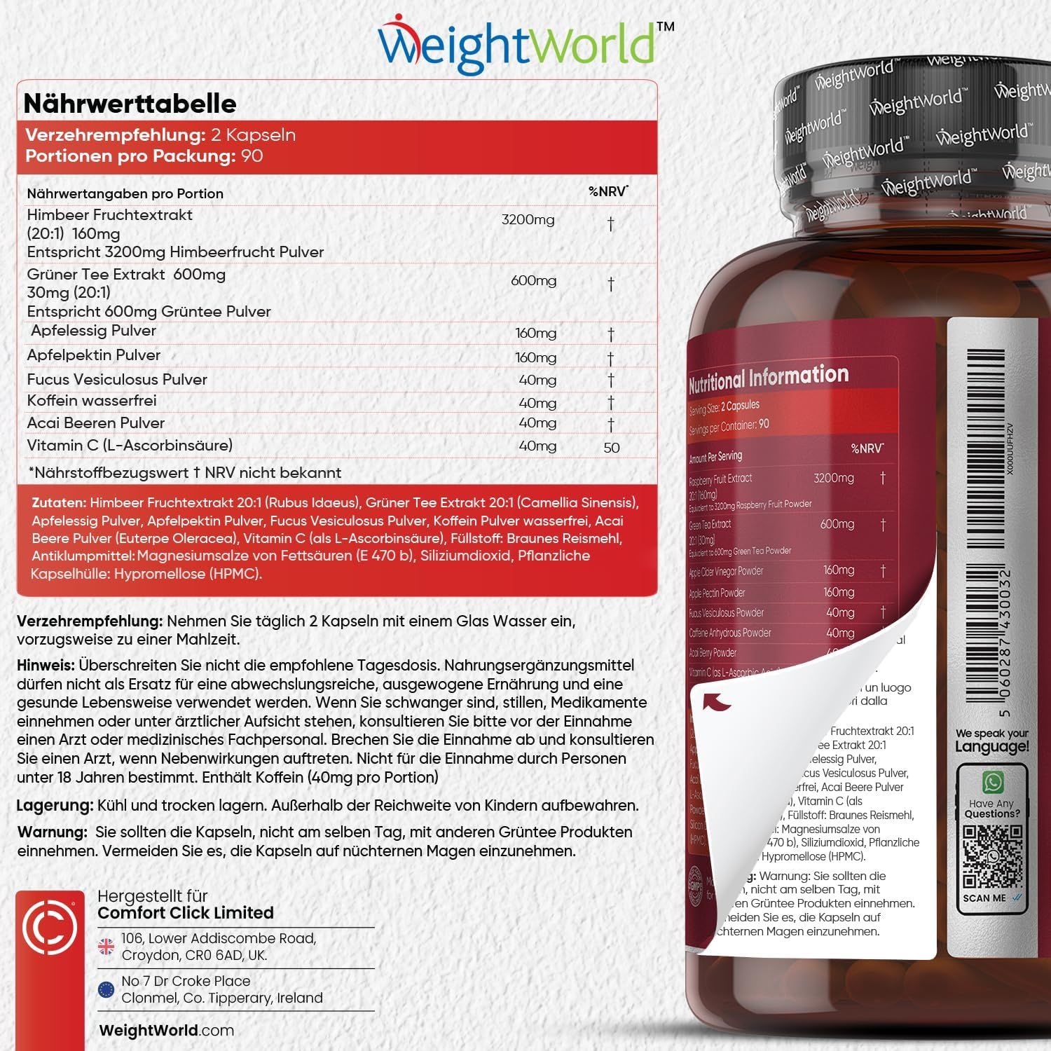 Tableau nutritionnel pour Cétones de Framboise Plus, indiquant la taille des portions, les ingrédients et la posologie recommandée. À côté, une bouteille du produit.