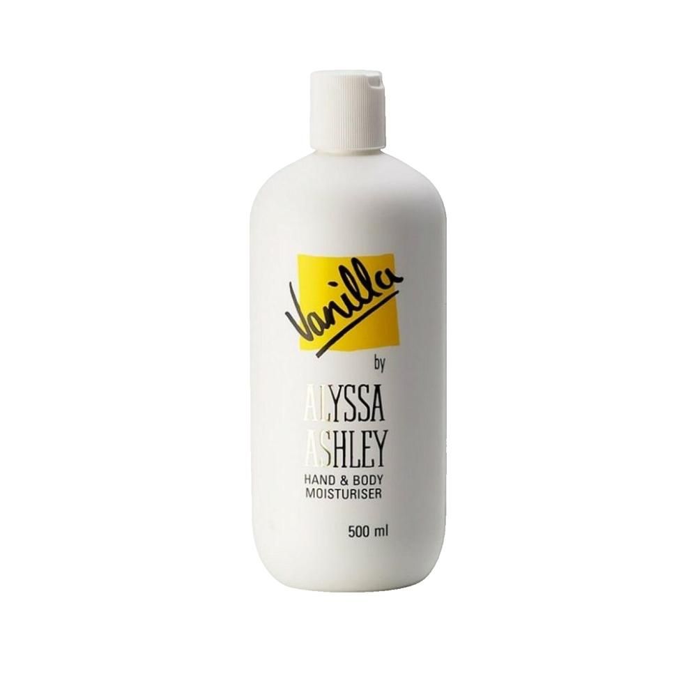 Flacon blanc avec étiquette jaune. Inscription: Vanilla by Alyssa Ashley, Hand & Body Moisturiser. 500 ml.
