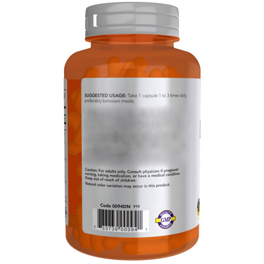 Vue arrière d'une bouteille orange avec des capsules blanches. Comprend une étiquette d'informations et un sceau GMP.
