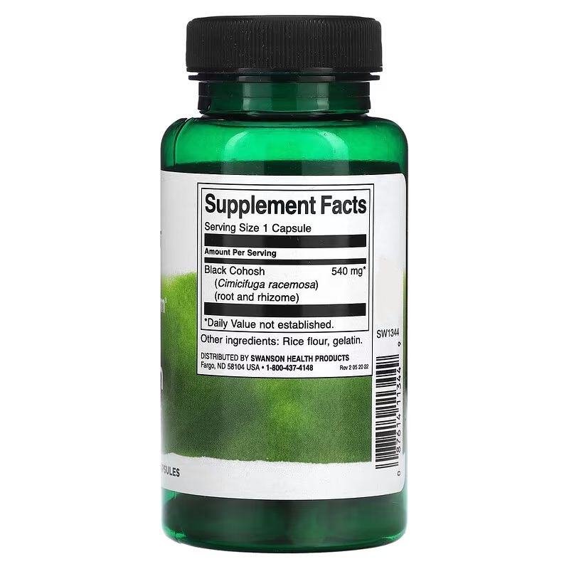 Dos du flacon vert. Inscription: Supplement Facts. Contient Black Cohosh (540 mg). Autres ingrédients: farine de riz, gélatine.