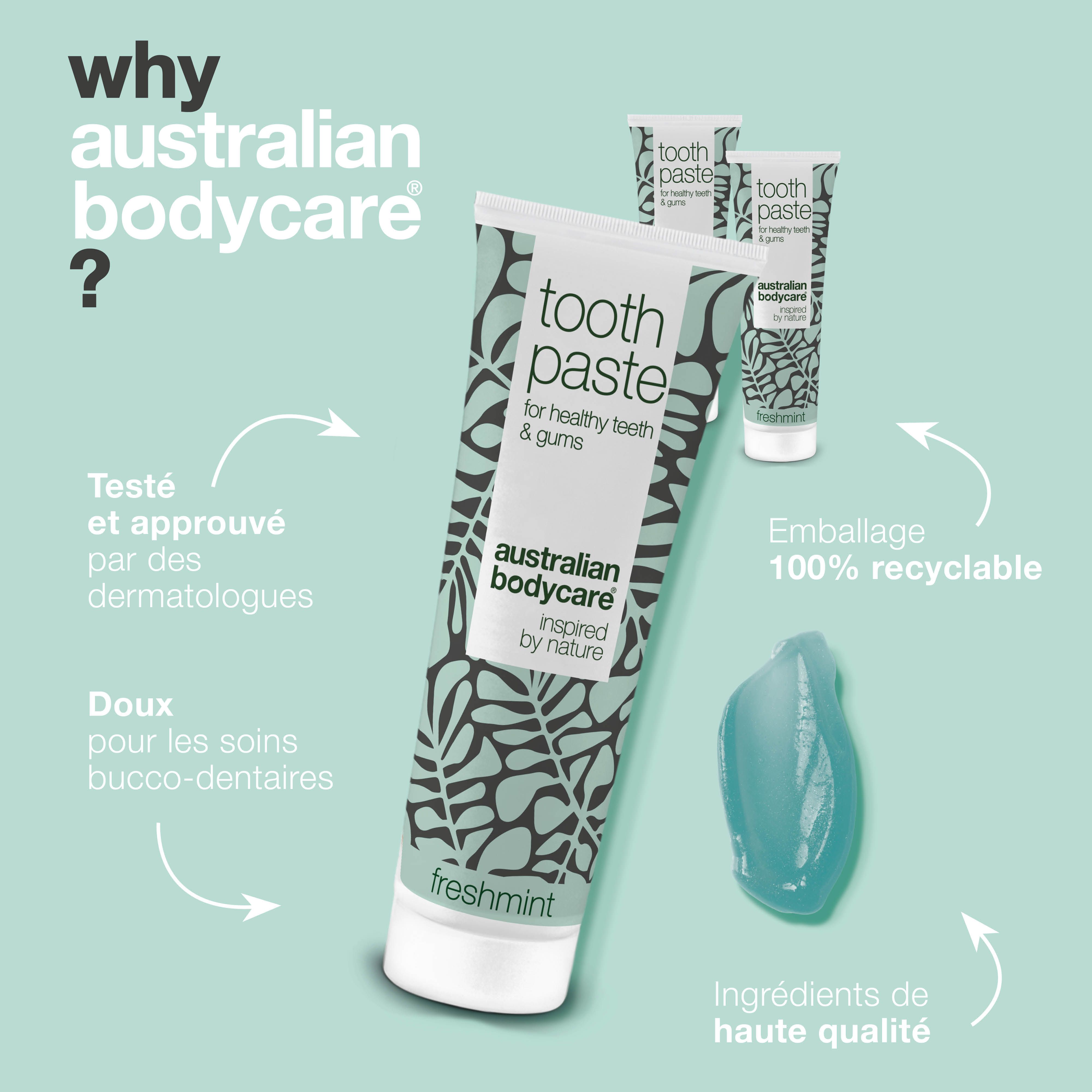 Tubes de dentifrice et gel dentifrice. Texte : Testé et approuvé par des dermatologues. Australian Bodycare.