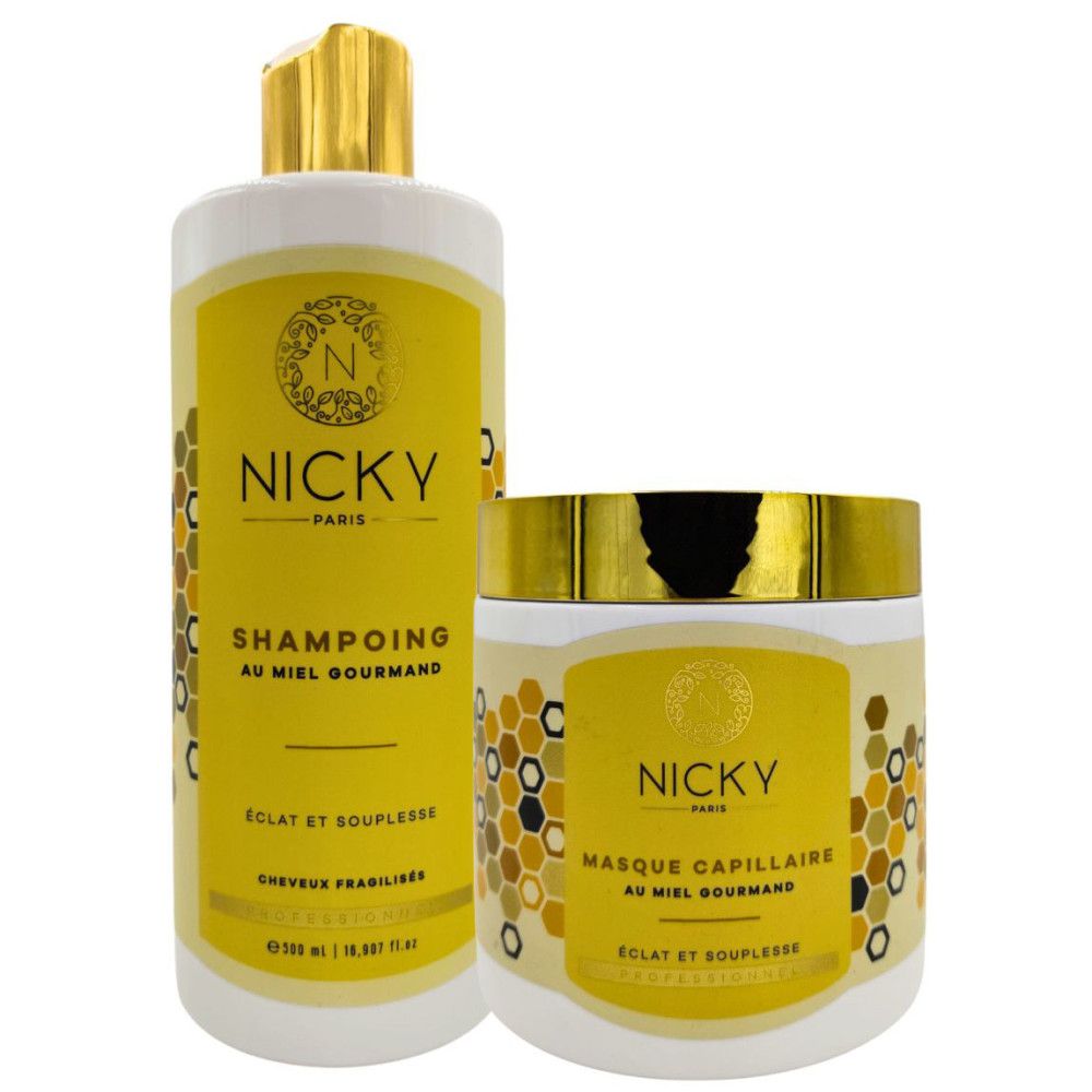 Deux produits cosmétiques : shampooing et masque capillaire. Étiquettes jaunes avec texte et couvercles dorés. Marque : Nicky Paris.