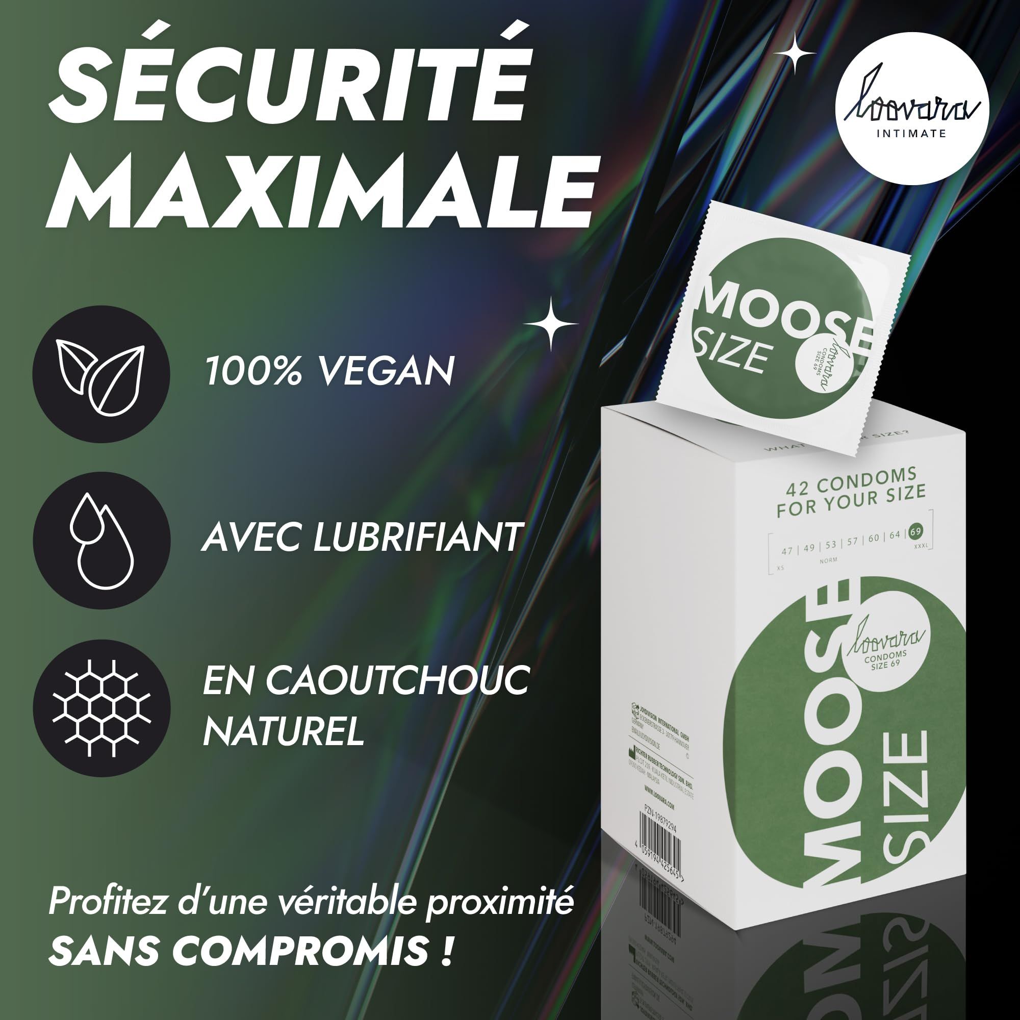 Préservatifs Loovara Moose XXXL : 100% vegan, avec lubrifiant, en caoutchouc naturel.
