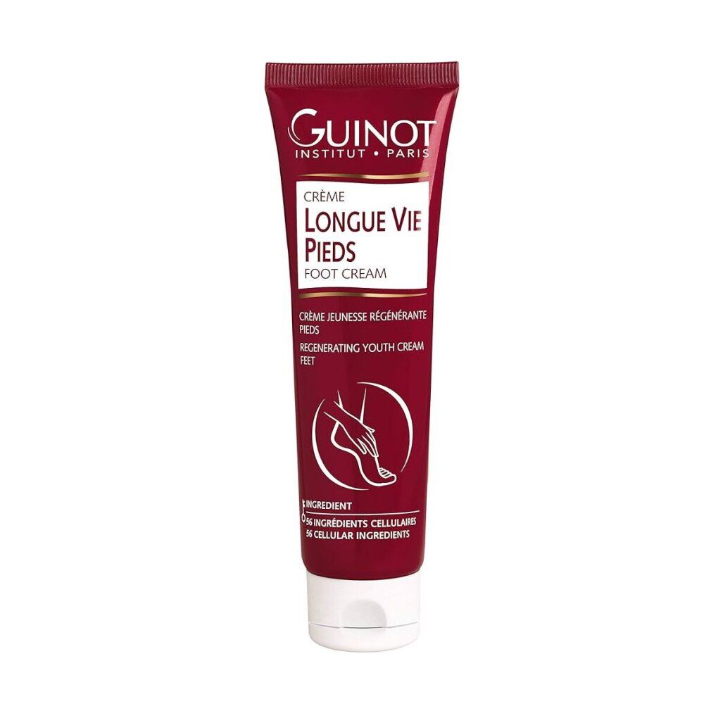 Tube rouge Guinot Longue Vie Pieds. Inscription: Foot Cream. Contient 125 ml. Bouchon blanc. Logo Guinot.