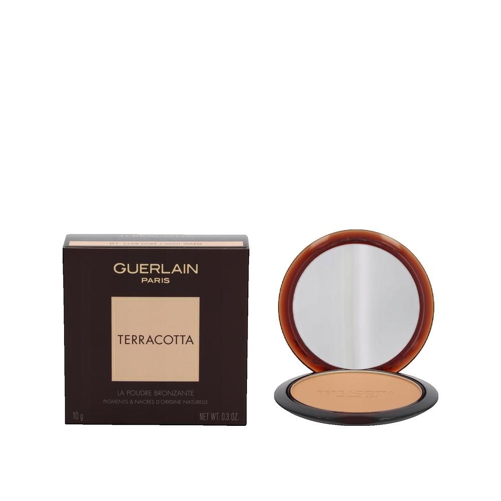 Poudre bronzante avec miroir. Marque Guerlain, inscription Terracotta. Emballage carré à côté.