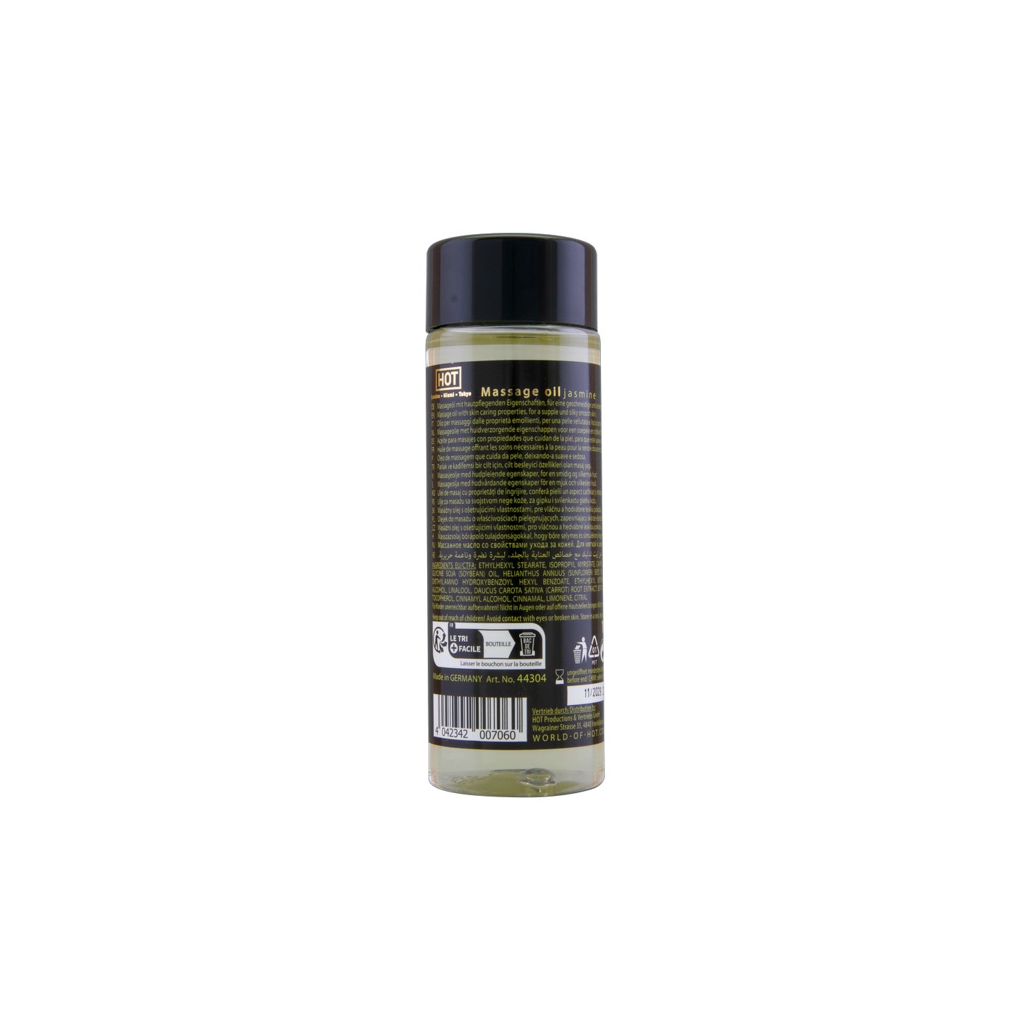 Massageolie fles, achteraanzicht. Zwarte dop, transparante fles met etiket. Tekst: Massage oil.
