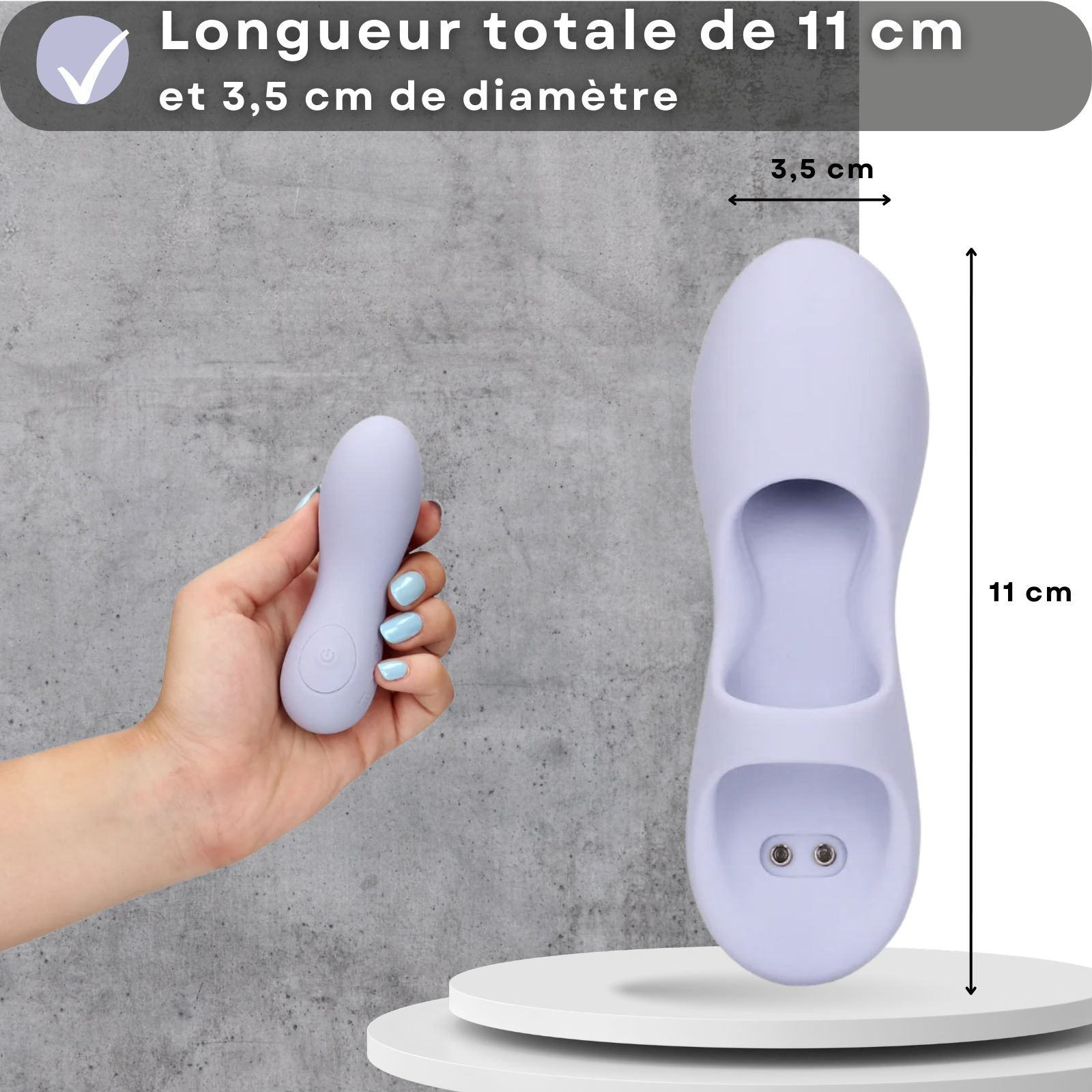 Vibrateur lilas. 11 cm long, 3,5 cm de diamètre. Tenu à la main.