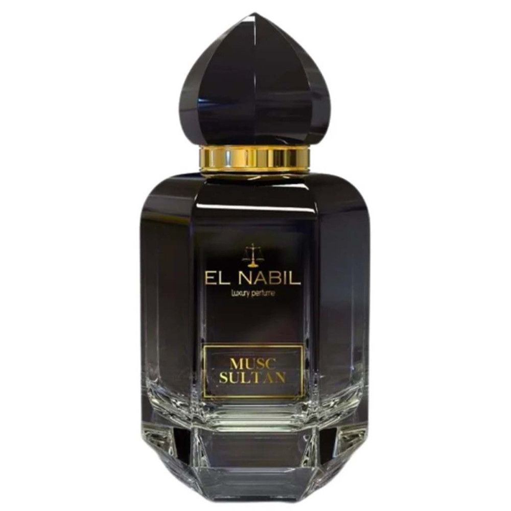 Flacon noir avec bouchon doré. Inscription: EL NABIL, Musk Sultan. Forme angulaire et facettée.